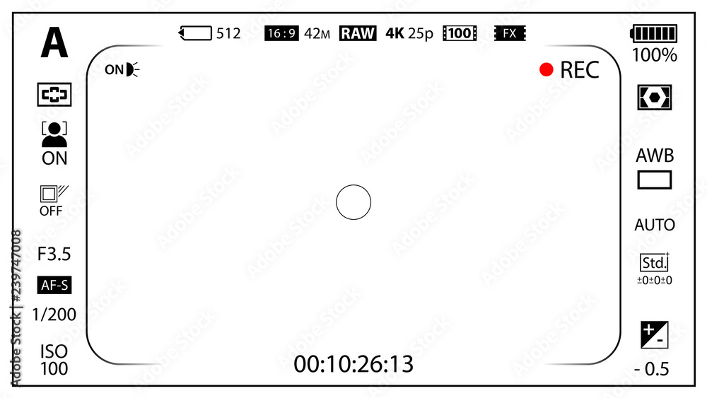 White modern digital camera focusing screen with settings template White modern digital camera focusing screen with settings template