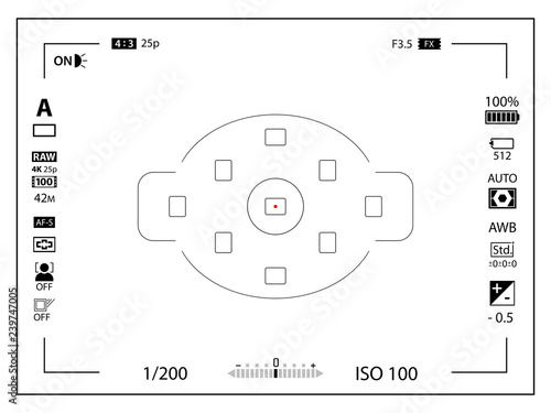 White modern digital camera focusing screen with settings template. Viewfinder mirrorless, DSLR or cameraphone camera recording. Vector illustration