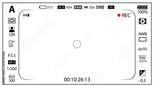 White modern digital camera focusing screen with settings template. Viewfinder mirrorless, DSLR or cameraphone camera recording. Vector illustration