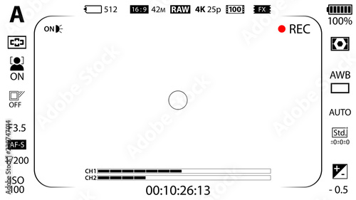 White modern digital camera focusing screen with settings template. Viewfinder mirrorless, DSLR or cameraphone camera recording. Vector illustration