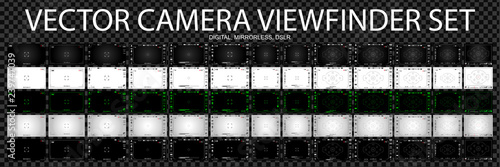 Camera focusing screen 65 in 1 pack - digital, mirorless, DSLR, cameraphone. White, black and green viewfinders camera recording. 4K ready detailed templates. Vector illustration