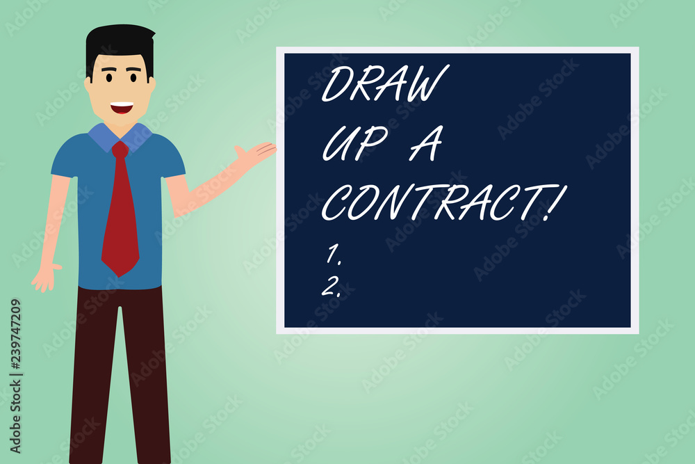 Handwriting text writing Draw Up A Contract. Concept meaning Write a business agreement cooperation legal papers Man with Tie Standing Talking Presenting Blank Color Square Board photo Handwriting text writing Draw Up A Contract. Concept meaning Write a business agreement cooperation legal papers Man with Tie Standing Talking Presenting Blank Color Square Board photo