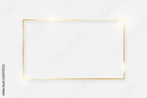 Gold shiny glowing vintage frame with shadows isolated on white background. Golden luxury realistic border. Wedding, mothers or Valentines day concept. Xmas and New Year abstract. Vector illustration