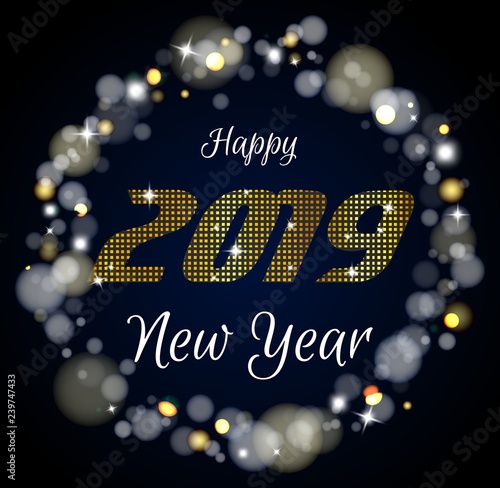 phrase Happy New Year 2019 with a lens flare glamour frame, vector illustration