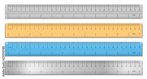 Realistic tape rulers set isolated on white. Plastic, metal and wooden double sided measurement in cm and inches. Vector illustration