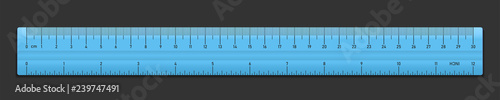 Realistic plastic blue tape ruler isolated on transparent background. Double sided measurement in cm and inches. Vector illustration