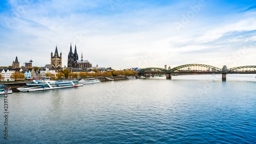 Cologne over the Rhine River with cruise ship in Cologne  Germany