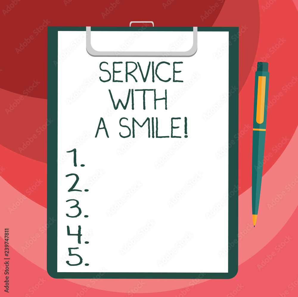 Text sign showing Service With A Smile. Conceptual photo Happiness in custom assistance Motivated support Blank Sheet of Bond Paper on Clipboard with Click Ballpoint Pen Text Space Text sign showing Service With A Smile. Conceptual photo Happiness in custom assistance Motivated support Blank Sheet of Bond Paper on Clipboard with Click Ballpoint Pen Text Space