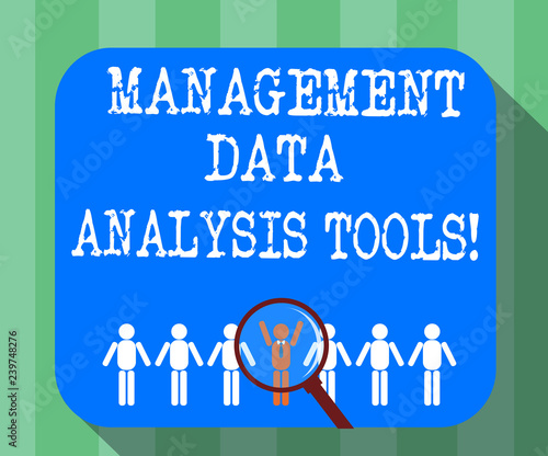 Handwriting text Data Management Analysis Tools. Concept meaning Business research technical system tool Magnifying Glass Over Chosen Man Figure Among the Hu analysis Dummies Line Up