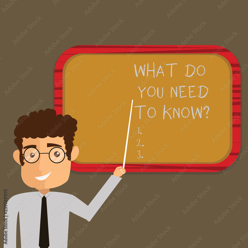 Text sign showing What Do You Need To Knowquestion. Conceptual photo Tell us things for learning Knowledge Man Standing Holding Stick Pointing to Wall Mounted Blank Color Board Text sign showing What Do You Need To Knowquestion. Conceptual photo Tell us things for learning Knowledge Man Standing Holding Stick Pointing to Wall Mounted Blank Color Board