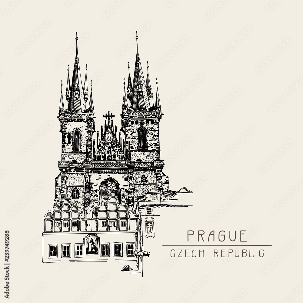 travel card with black sketch drawing of Church Our Lady before travel card with black sketch drawing of Church Our Lady before