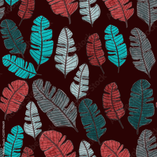 Seamless pattern with hand drawn tropical leaves.