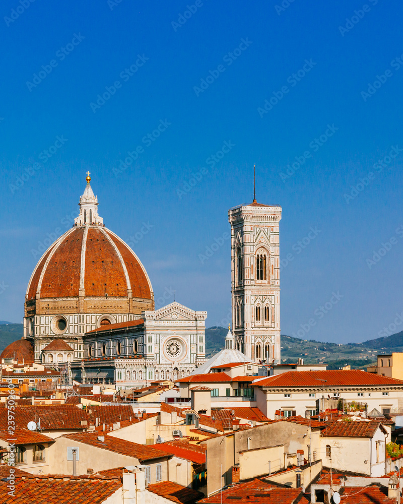Florence Cathedral and Giotto's Bell Tower under blue sky, over houses of the historical center of Florence, Italy