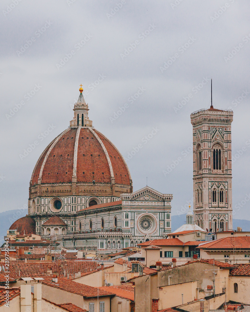 Florence Cathedral and Giotto's Bell Tower, under overcast sky, over houses of the historical center of Florence, Italy