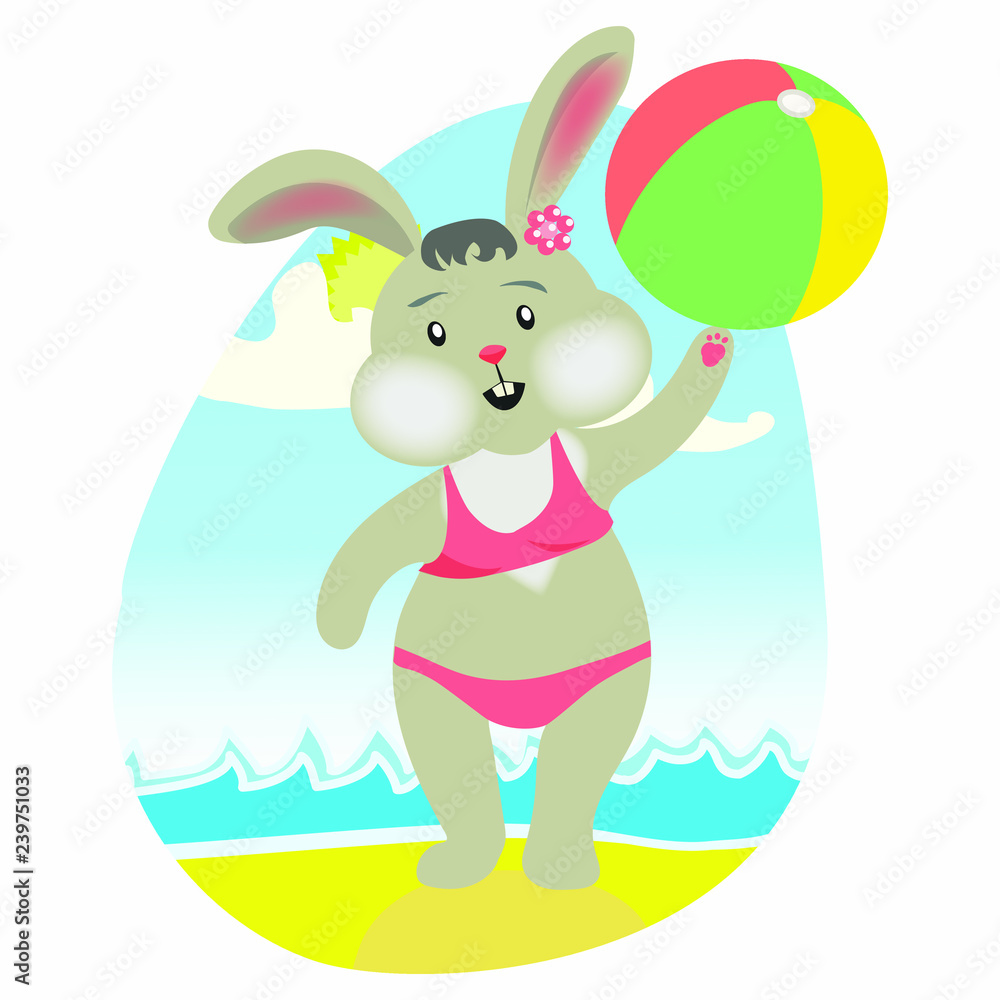 Obraz premium Rabbit playing with a ball on the beach. Stylized image, vector illustration