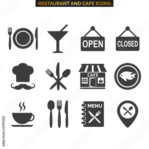 Restaurant and cafe icons set on white background.