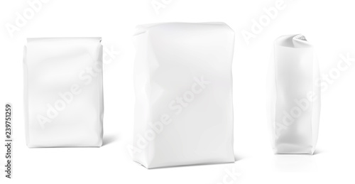 High realistic clean vertical bag mockup. Front, side and perspective view. Vector illustration isolated on white background. Easy to use for presentation your product, idea, promo, design. EPS10