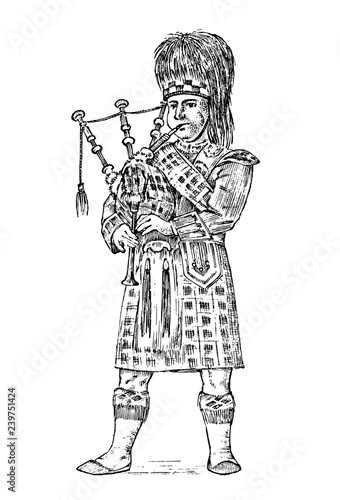 Scotsman in national costume. Traditional Caledonian scottish dress. North Briton or Sawney. Vintage Engraved hand drawn monochrome sketch.