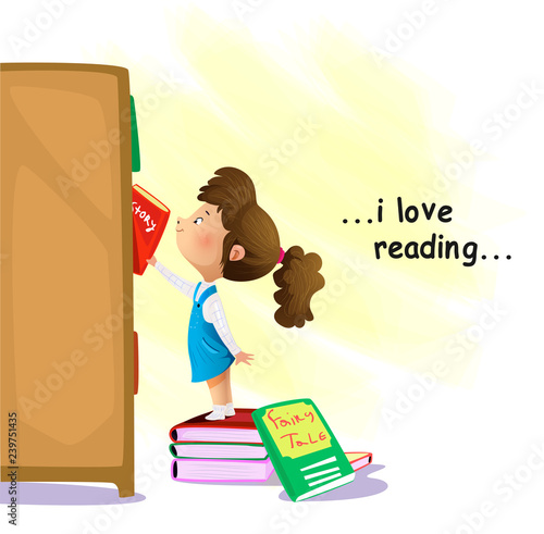 Cartoon little girl searching for a book in bookstore