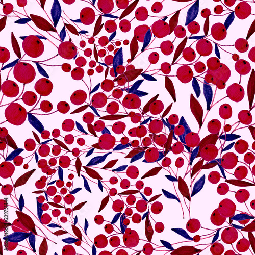 Seamless pattern with hand drawn flowers and berries.