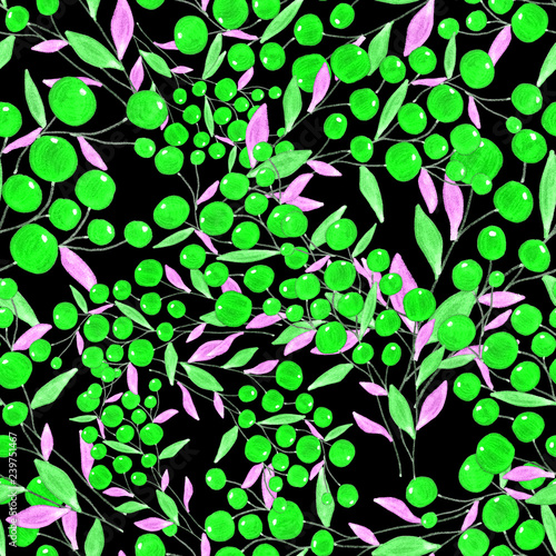 Seamless pattern with hand drawn flowers and berries.