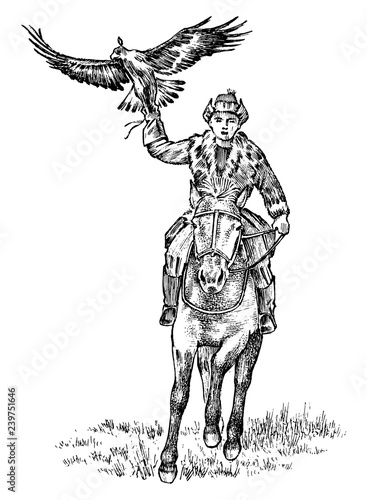 Kazakh man in national costume riding a horse with an eagle. Vintage Engraved hand drawn monochrome sketch.