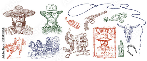 Set of cowboys. Western icons, Texas Ranger equipments. Wild West. portrait of a criminal man, sheriff and saddle, skull of a bull, whip and revolver trap. Vintage Engraved hand drawn sketch.
