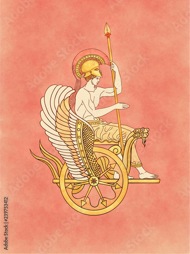 Ares, Mars, god of the war and warrior, armed with his feather helmet and spear sitting on a golden winged serpents chariot - Inspired on ancient classic greek pottery and ceramics red-figure drawings