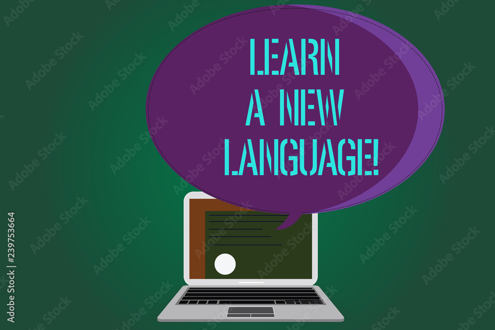 Word writing text Learn A New Language. Business concept for Study Words other than the Native Mother Tongue Certificate Layout on Laptop Screen and Blank Halftone Color Speech Bubble Word writing text Learn A New Language. Business concept for Study Words other than the Native Mother Tongue Certificate Layout on Laptop Screen and Blank Halftone Color Speech Bubble