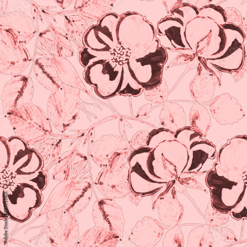 Floral seamless pattern with hand drawn wild roses.