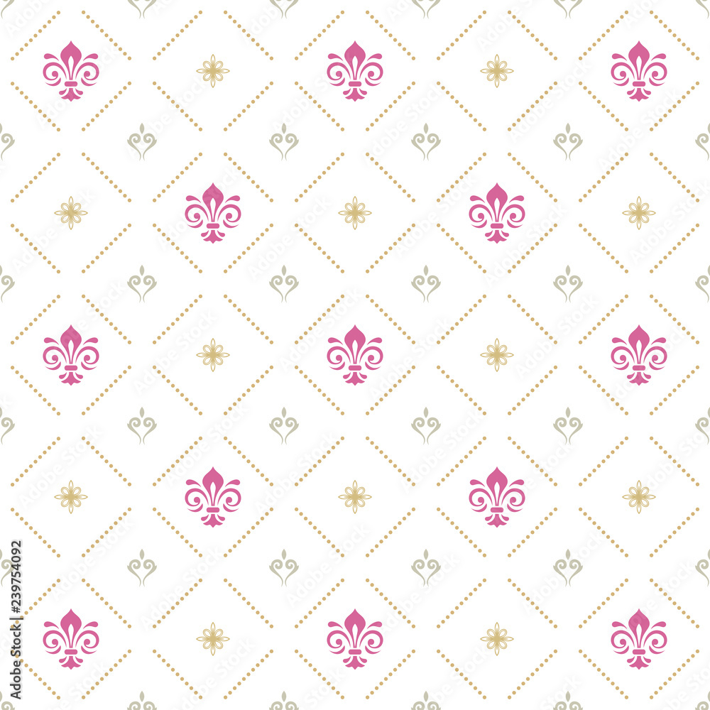 Seamless vector pattern. Modern geometric ornament with pink royal lilies. Classic vintage background Seamless vector pattern. Modern geometric ornament with pink royal lilies. Classic vintage background