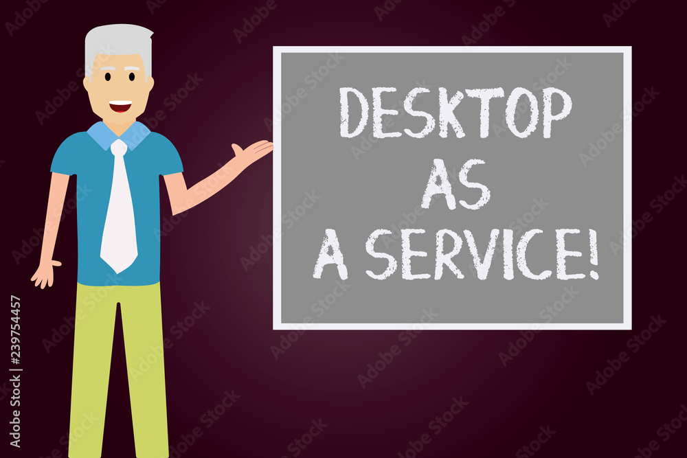 Conceptual hand writing showing Desktop As A Service. Business photo text DAAS cloud computing offering hosting back end Man with Tie Talking Presenting Blank Color Square Board Conceptual hand writing showing Desktop As A Service. Business photo text DAAS cloud computing offering hosting back end Man with Tie Talking Presenting Blank Color Square Board