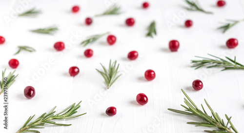 Cranberry pattern on white wooden background. Background with cranberries. Useful berries. Flat lay, top view.