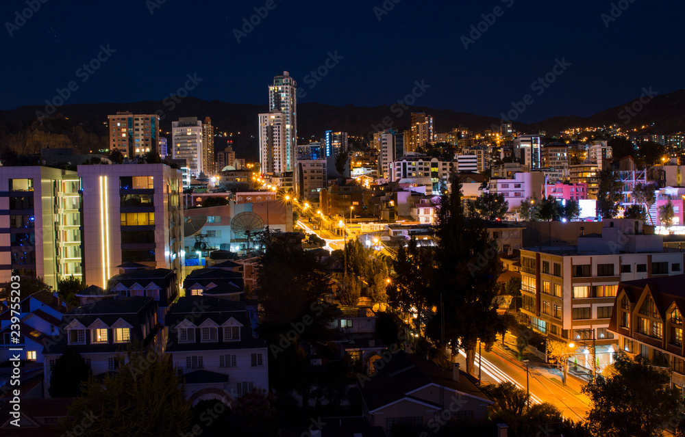 Dark night over the south area of La Paz, Bolivia. Bright lights