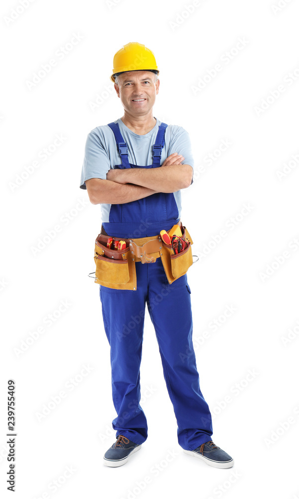 Electrician with tools wearing uniform on white background Electrician with tools wearing uniform on white background