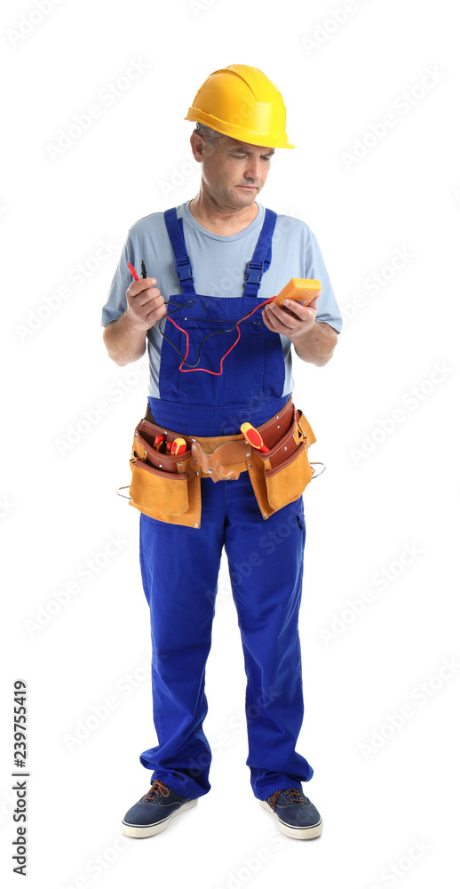 Electrician with multimeter wearing uniform on white background Electrician with multimeter wearing uniform on white background