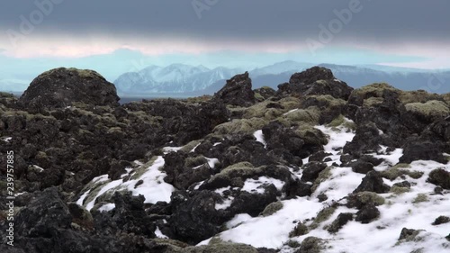 Wallpaper Mural Scenic winter landscape, snow covered lava moss, blue mountains, Iceland.mov Torontodigital.ca