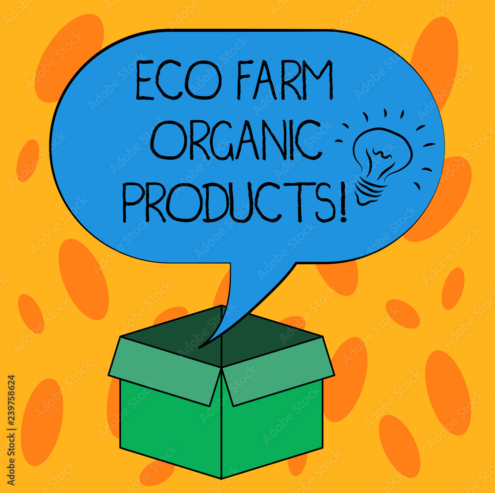 Fototapeta premium Writing note showing Eco Farm Organic Products. Business photo showcasing Natural healthy food fresh vegetables and fruits Idea icon Inside Blank Halftone Speech Bubble Over an Open Carton Box