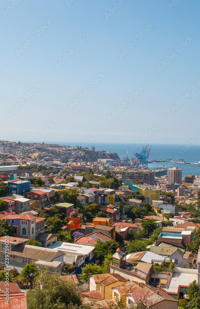 Colorful buildings on the hills of the UNESCO World Heritage city of Valparaiso, Chile.