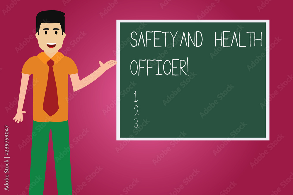 Word writing text Safety And Health Officer. Business concept for Security industrial worker safe engineering Man with Tie Standing Talking Presenting Blank Color Square Board photo Word writing text Safety And Health Officer. Business concept for Security industrial worker safe engineering Man with Tie Standing Talking Presenting Blank Color Square Board photo