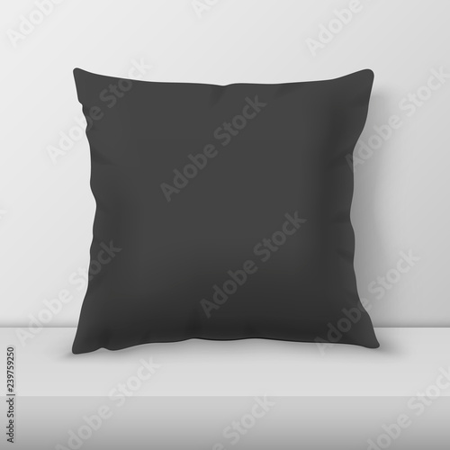 Vector Realistic 3d Black Pillow Closeup on Table, Shelf Closeup on White Wall Background, Mock-up. Empty Square Pillow Design Template for Mockup, Branding, Logo Print. Home, Hotel Decor. Front view