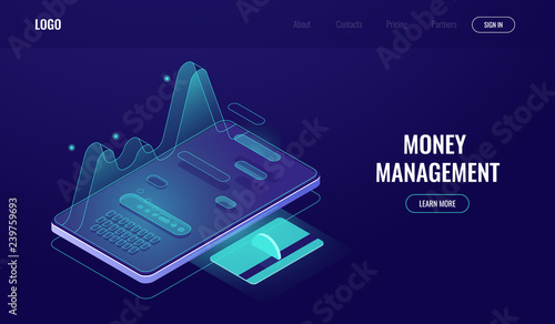 Online banking app, the statistics of expenses and incomes, money management, payment and pay report, shopping internet dark neon