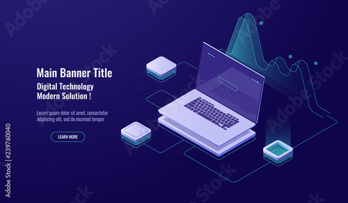 Online Analytics, big data processing, laptop with graph, data visualization, isometric, database access, account sign in, enter password, dark neon vector