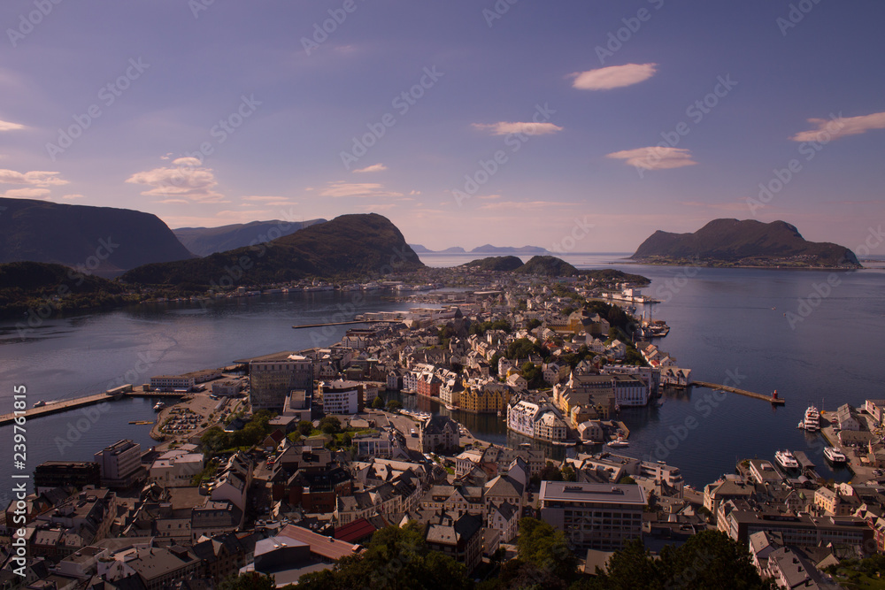 Beautiful city of Ålesund an its fiord in the Møre og Romsdal County, Norway. It is part of the traditional district of Sunnmøre and the centre of the Ålesund Region.