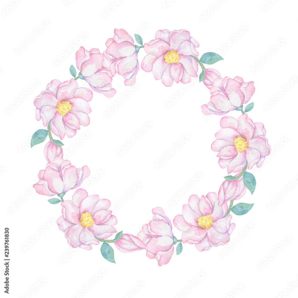 Watercolor pink flowers and leaves wreath. Hand drawn illustration. Circle clip art branch for celebration, widding, invite card white background Vintage style