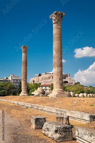 Temple of Zeus with Acropolis on the background in Athens, Greece