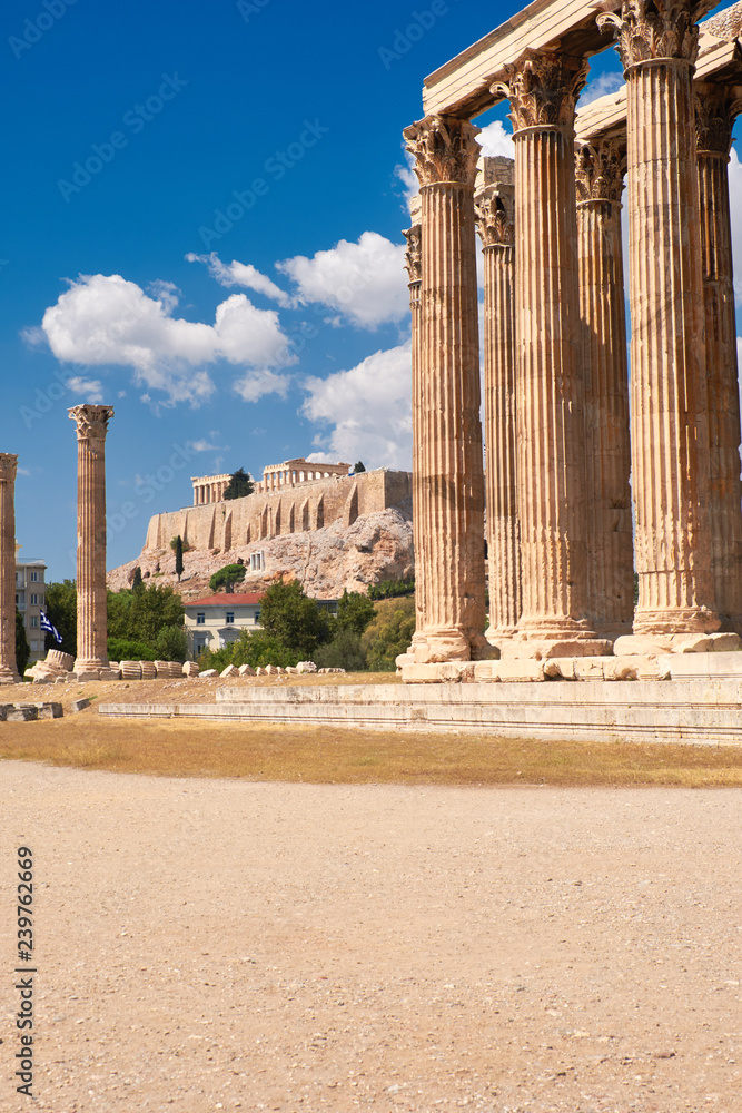Temple of Zeus with Acropolis on the background in Athens, Greece