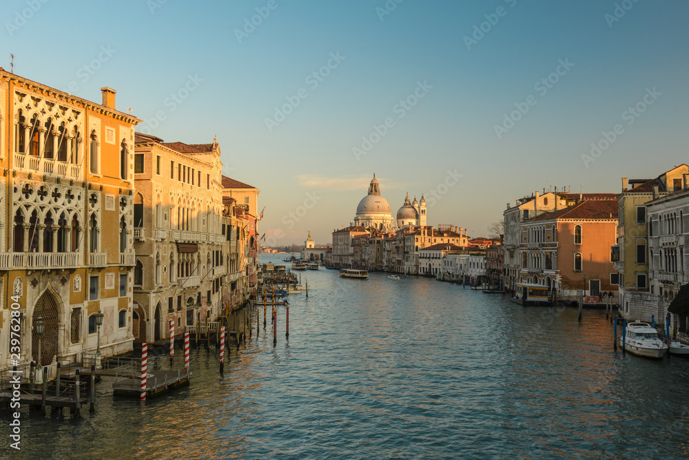 Grand Canal at sunset ,Venice, Italy.Scenic panoramic view of Venice in winter. 