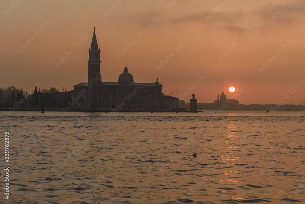 San Giorgio Maggiore Church in Venice Italy at sunset.