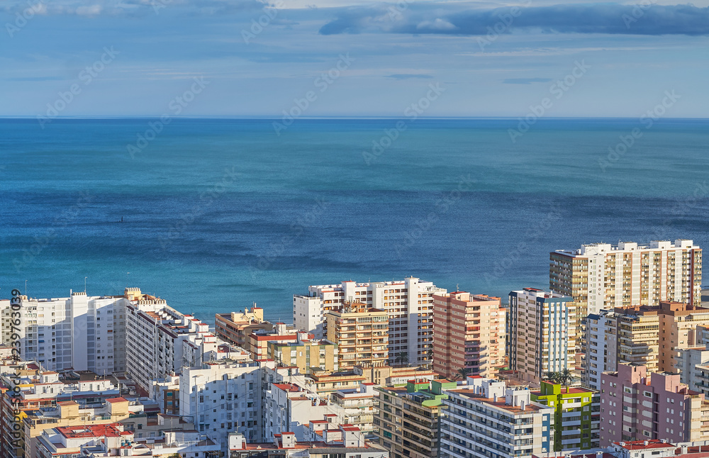 Aerial view of Cullera beach with village skyline in the Mediterranean Valencia of Spain